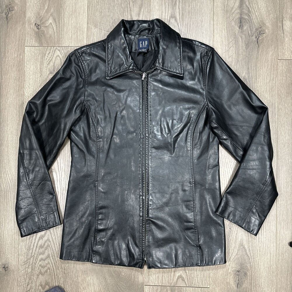 GAP Black Leather Jacket Womens Small Motorcycle Full Zip Y2K Vintage 2001